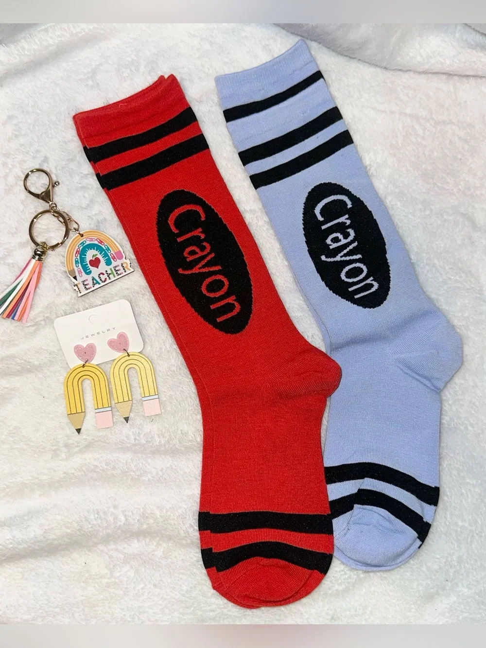 Teacher Gift Accessory Bundle Crayon Socks Keychain Pencil Earrings NWOT